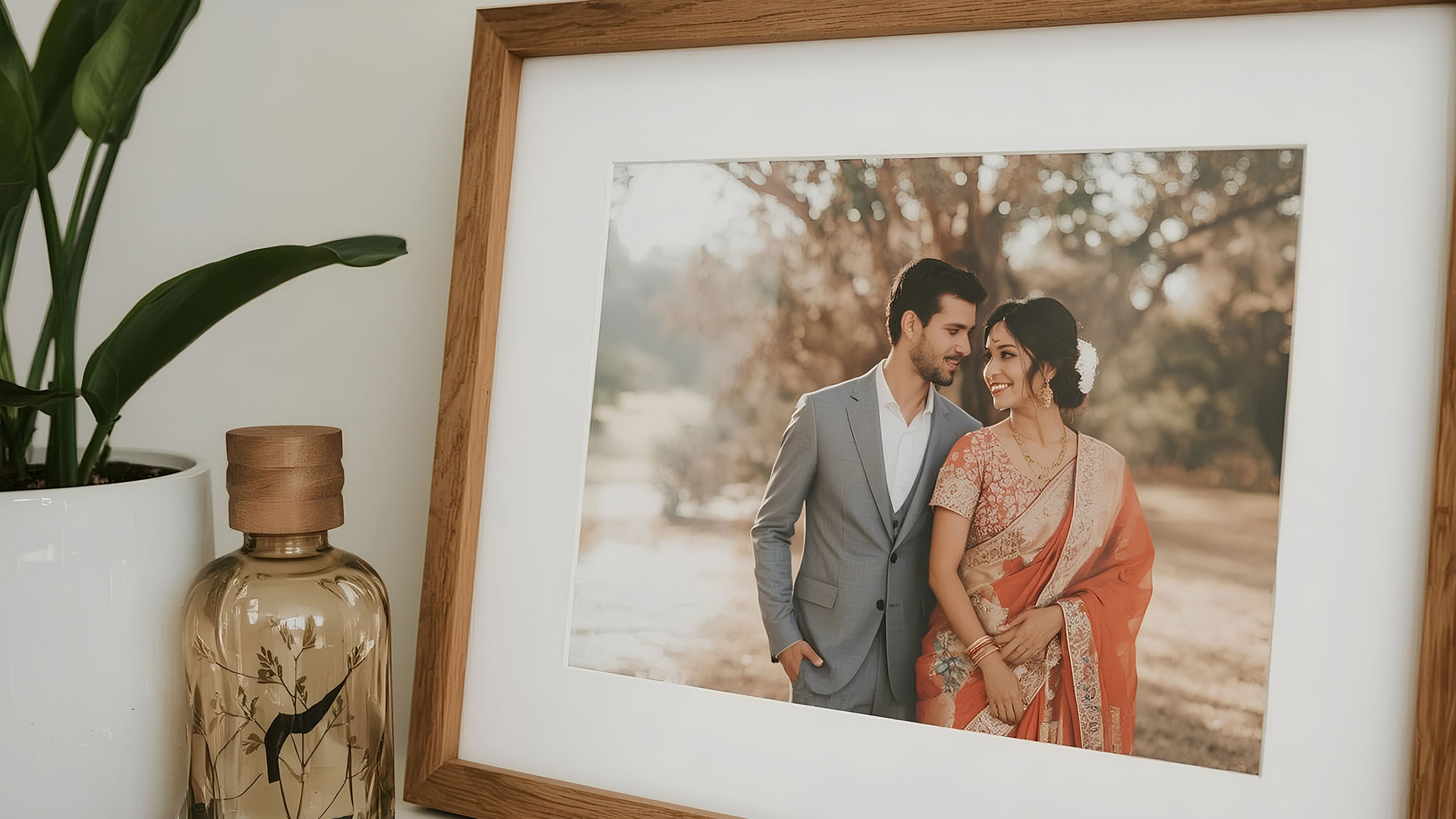 Closeup of wooden frame and photo print