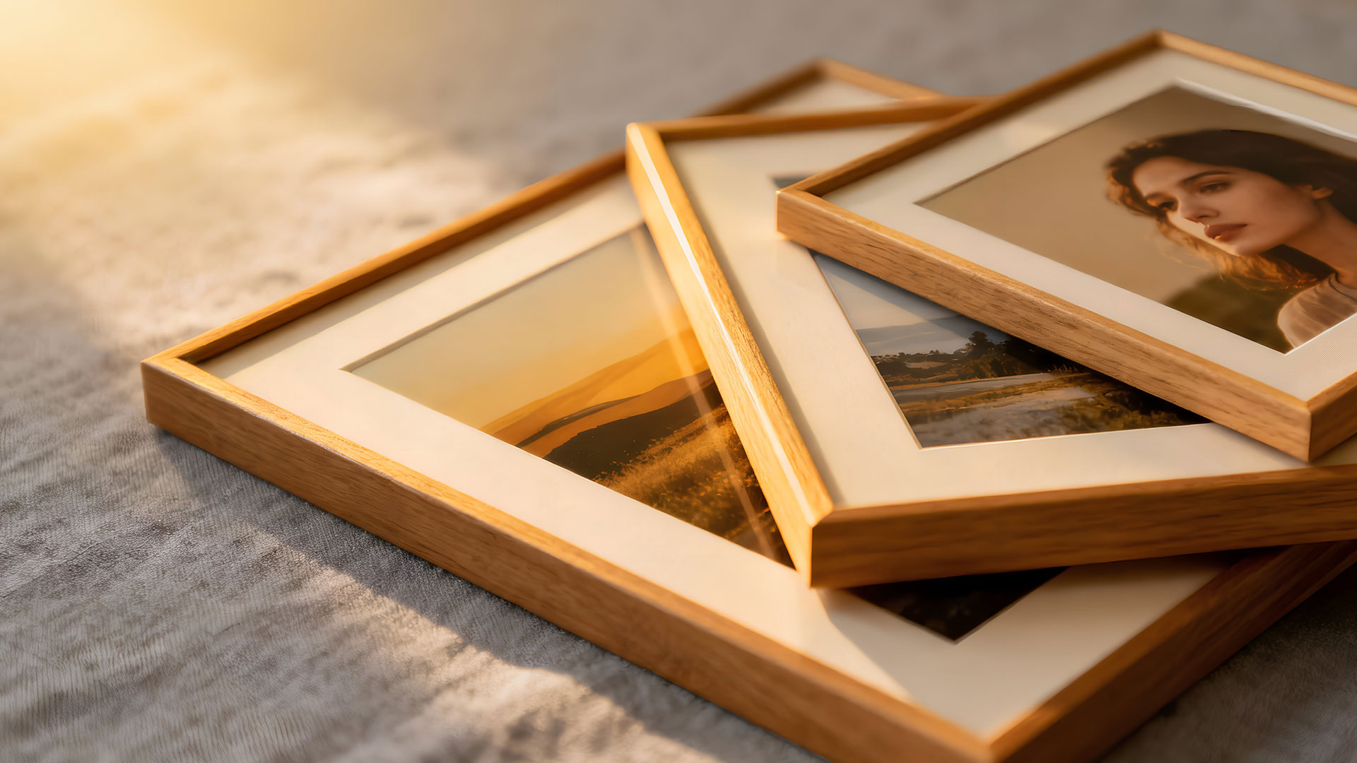 Stack of framed photo prints in different sizes
