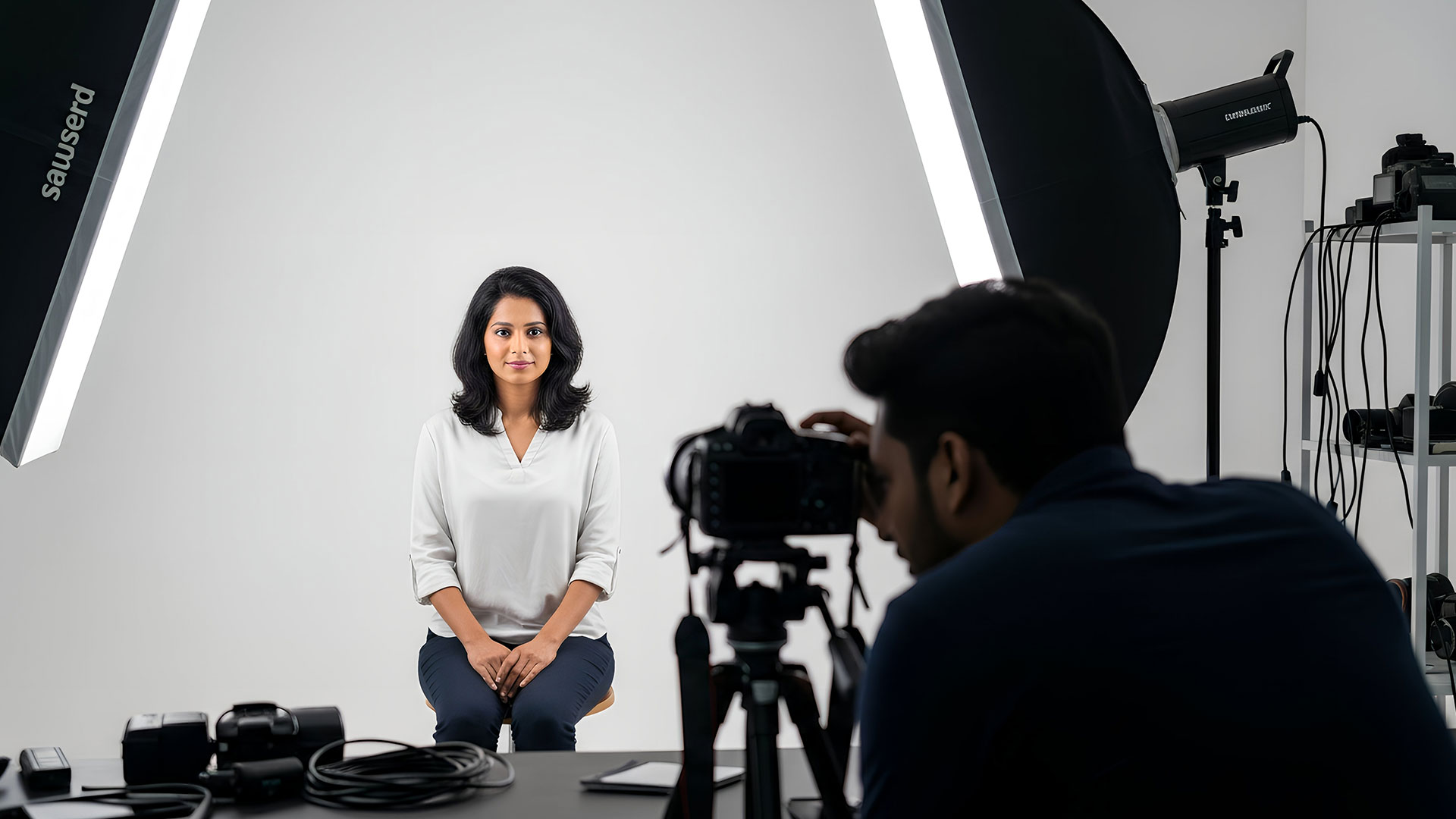 Woman getting passport photo taken