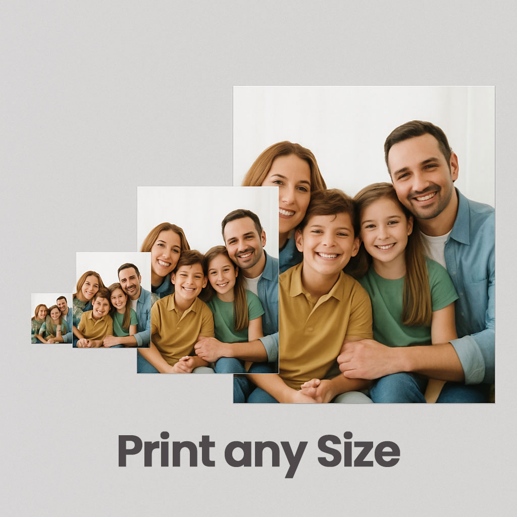 Custom size photo prints laid out on a table