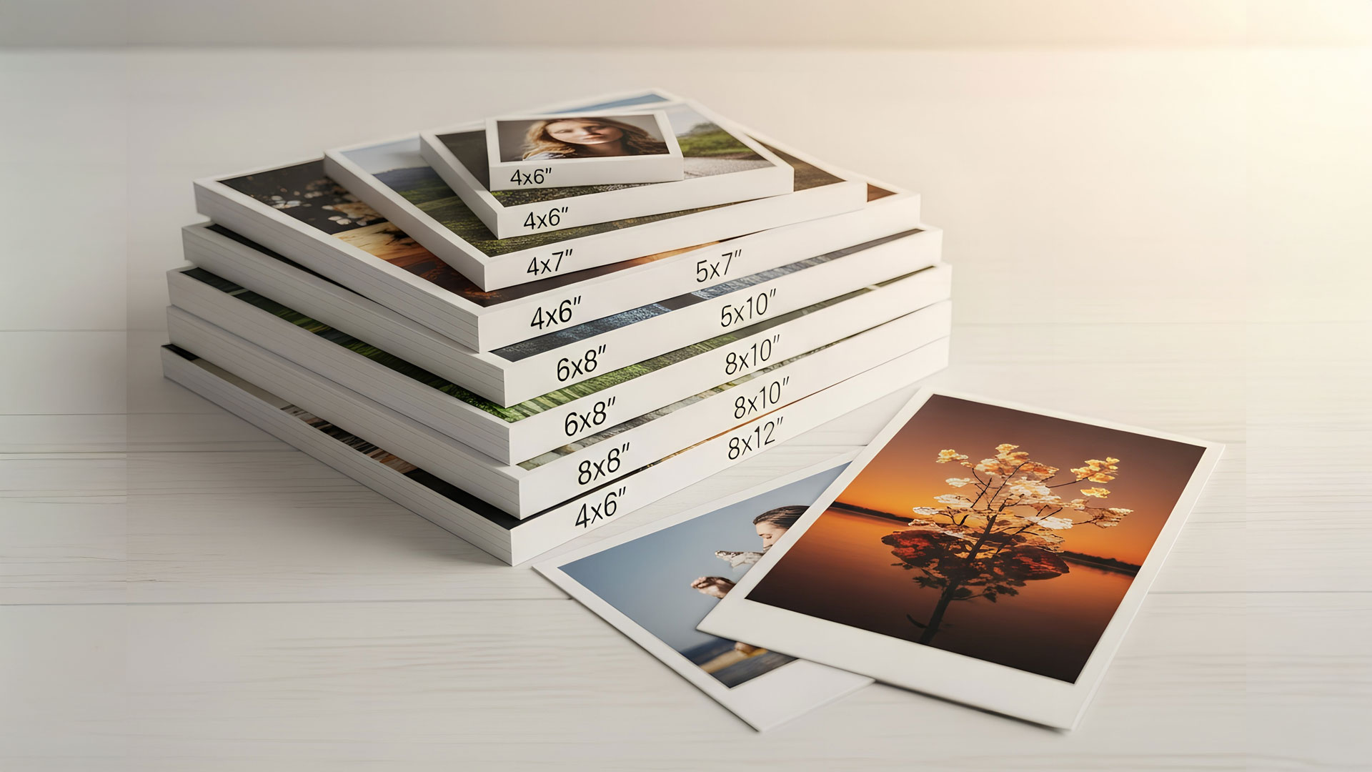Stack of printed photographs in different sizes