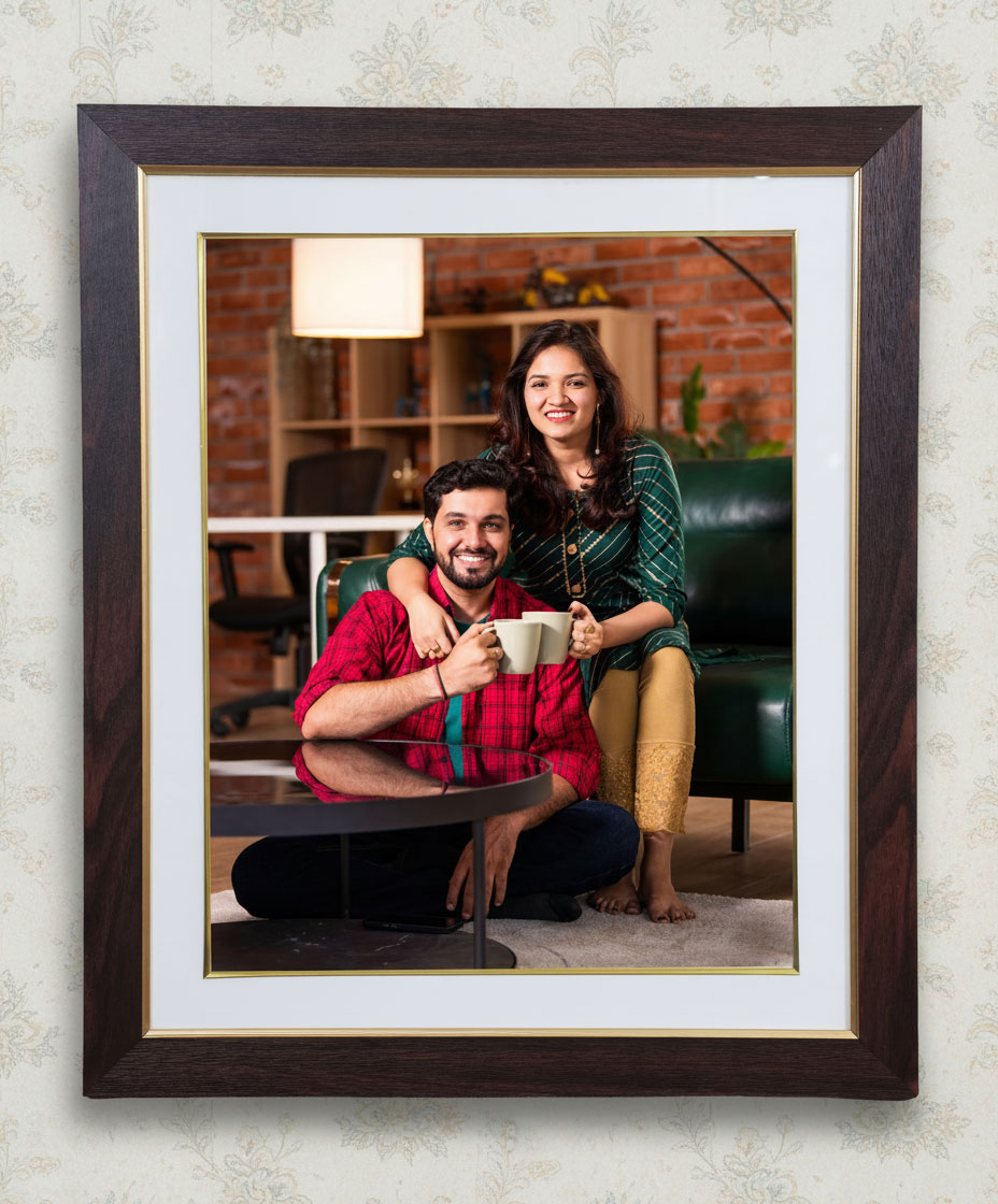 BROWN FRAME WITH SUTABLE GOLD INNER LINE, 2 INCH BORDER, WITH MOUNT (1.5 INCH MOUNT ALL FOUR SIDE)