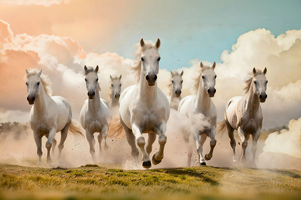 Seven White Horses Running Vastu Art Print – Symbol of Success, Prosperity & Positive Energy