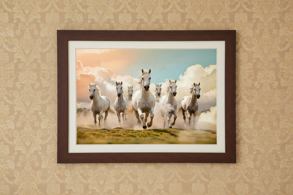 Seven White Horses Running Vastu Art Print – Symbol of Success, Prosperity & Positive Energy (Both Print and Frame))